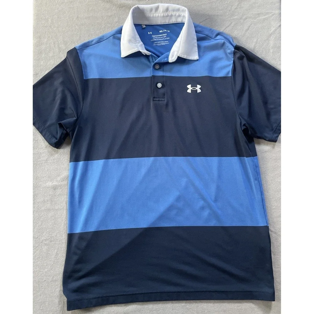 Under Armour Rugby Shirt Mens Medium The Playoff Polo Golf Blue Stripe Blokecore
